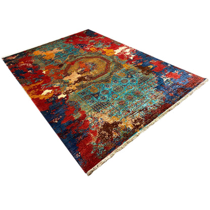 Hand-knotted Mamluk rug corner, abstract ornaments in red, blue, and turquoise
