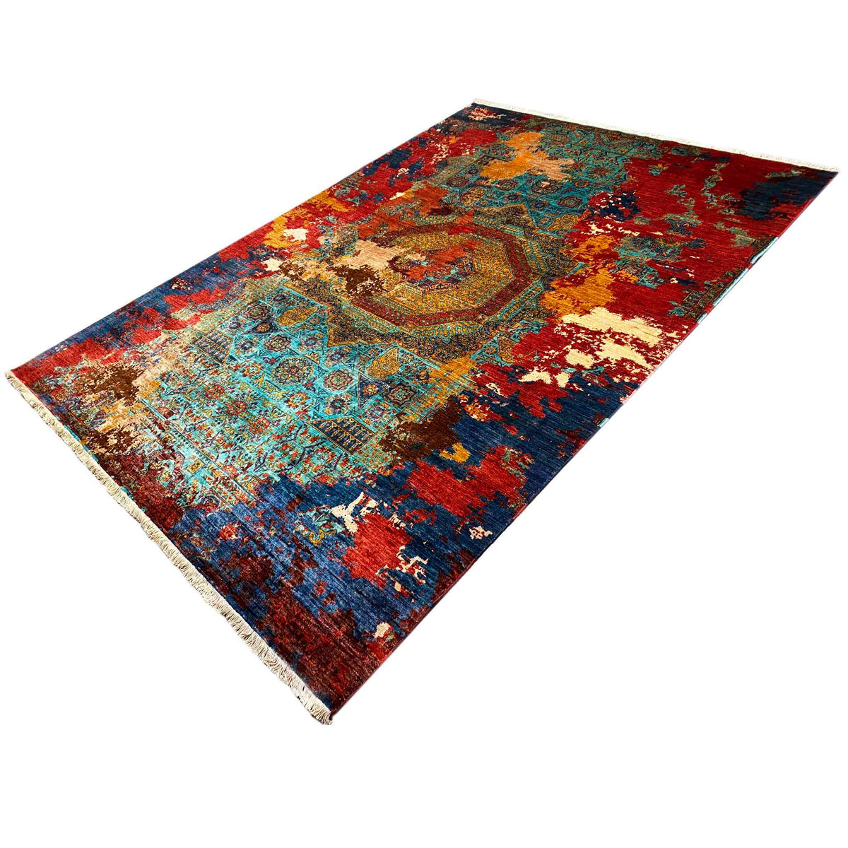 Hand-knotted Mamluk rug diagonal, vibrant colors with decorative pattern and fringes