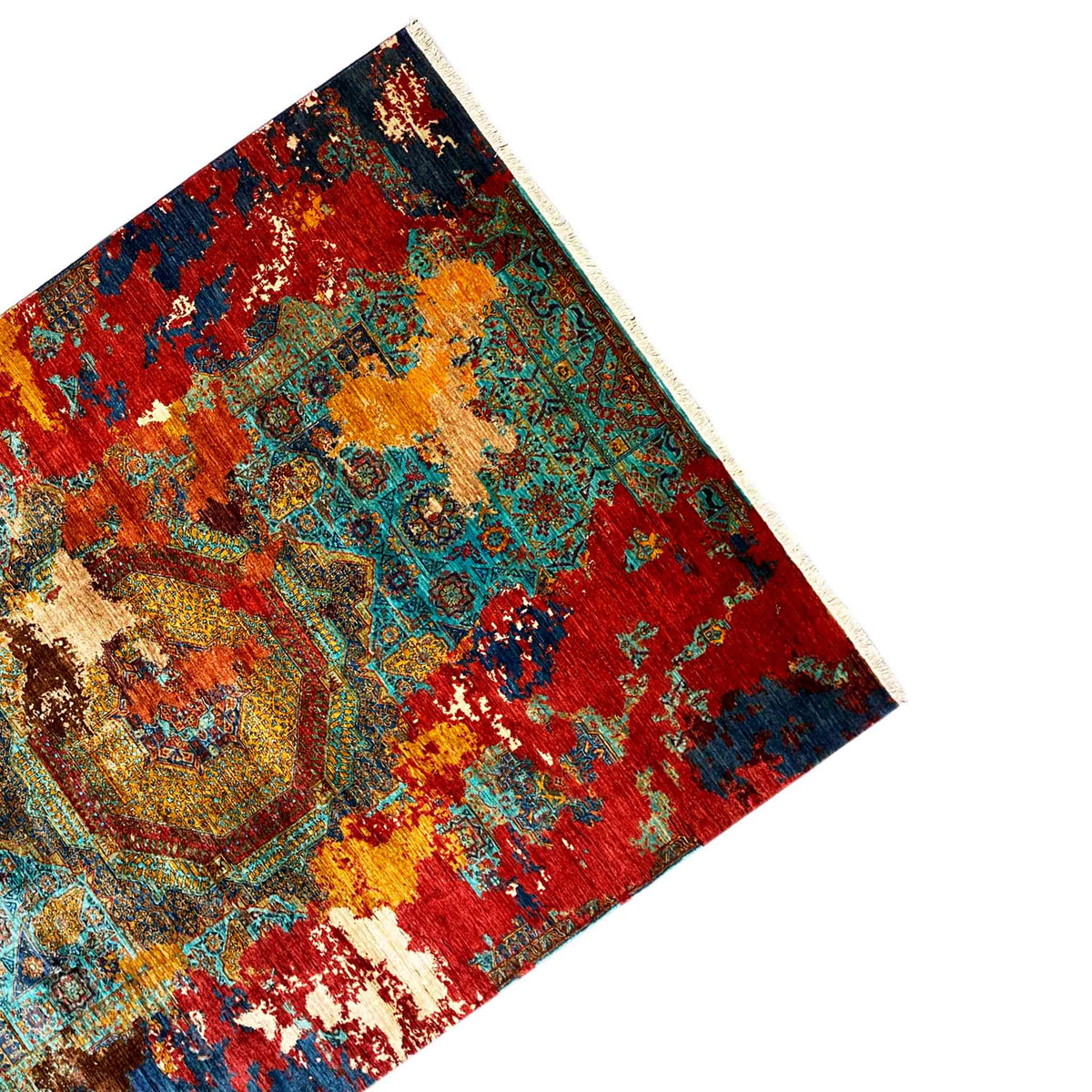 Hand-knotted Mamluk carpet corner with pattern, red, blue, turquoise, border with fringes