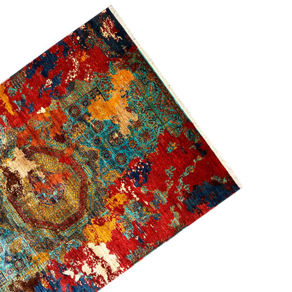 Hand-knotted Mamluk carpet corner with pattern, red, blue, turquoise, border with fringes