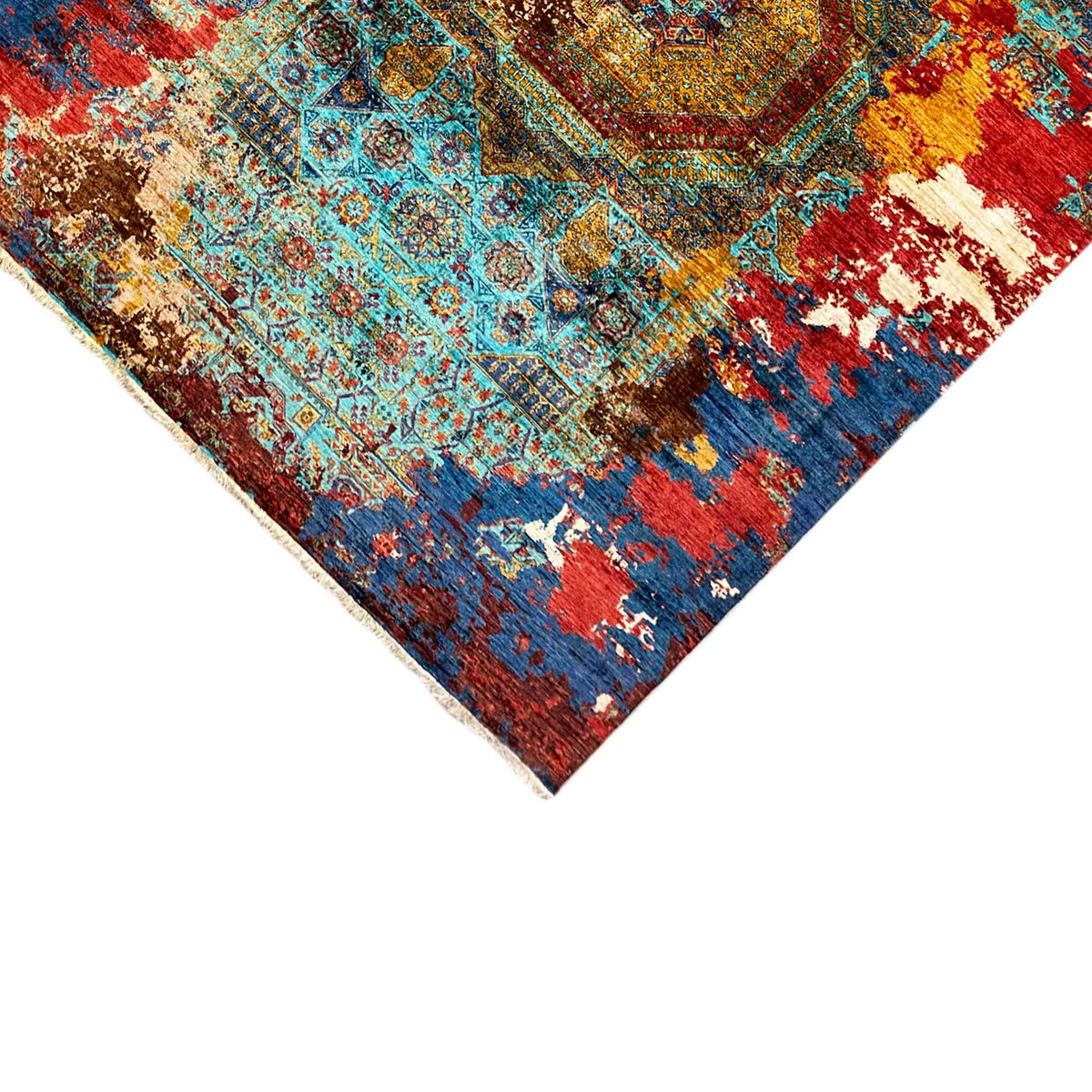 Hand-knotted Mamluk rug border detail with fringe, red-blue-turquoise, ornamental pattern