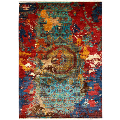 Hand-knotted Mamluk rug with medallion, red-blue-green-bronze, geometric ornamental pattern