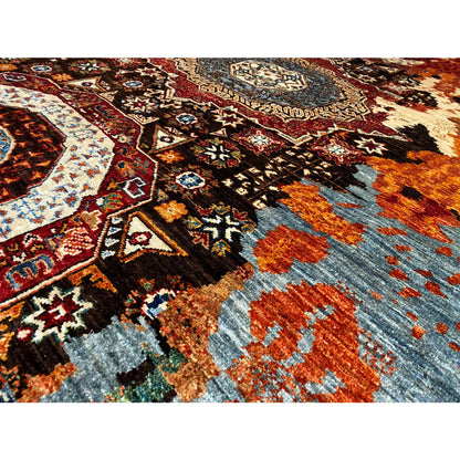 Hand-knotted Mamluk rug detail view: fine ornamental weave in blue, brown, and cream