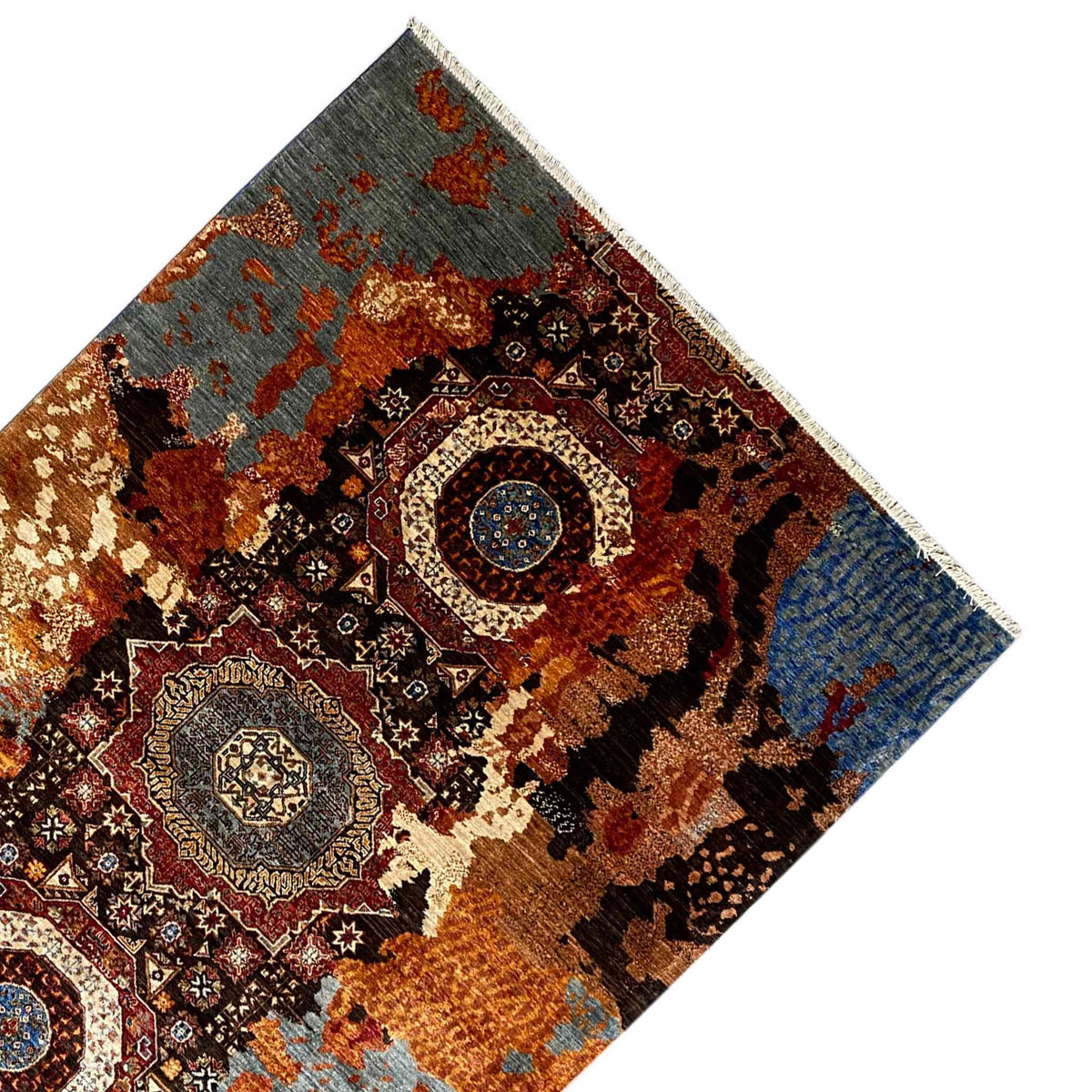 Hand-knotted Mamluk rug, corner with medallion ornaments, brown, blue and gray