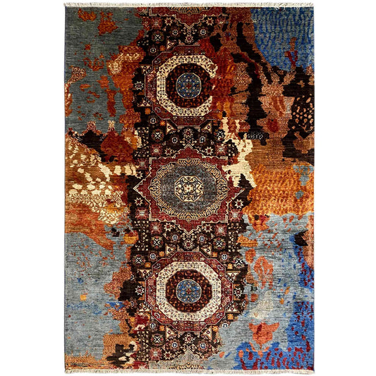 Hand-knotted Mamluk rug with medallion design in brown, blue and gray, 240x173 cm