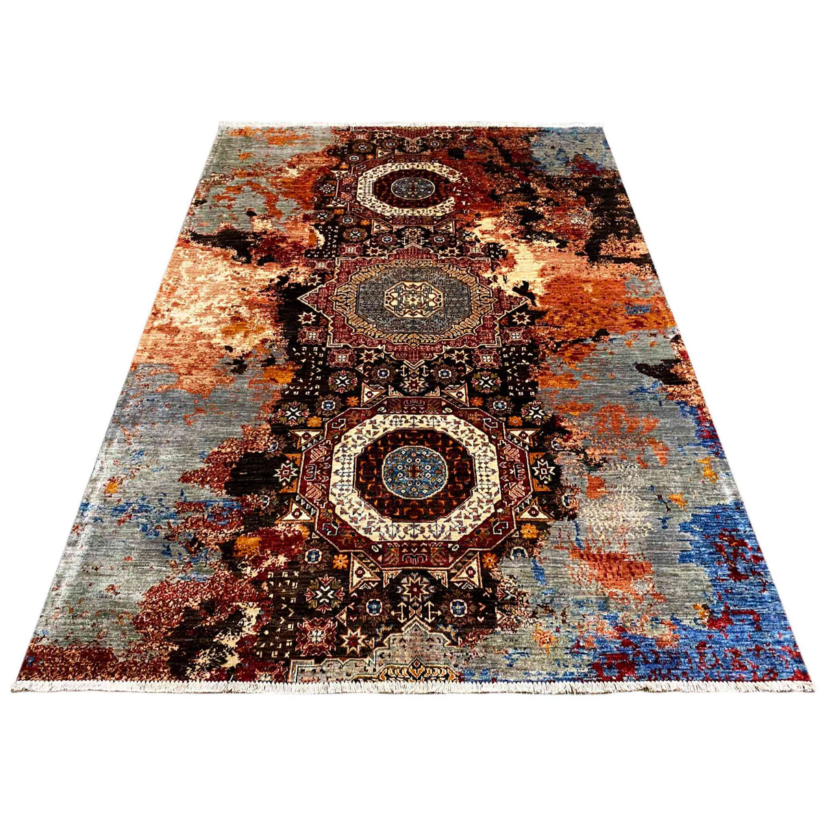 Mamluk rug, spread out: rustic ornamental design in brown, orange, blue