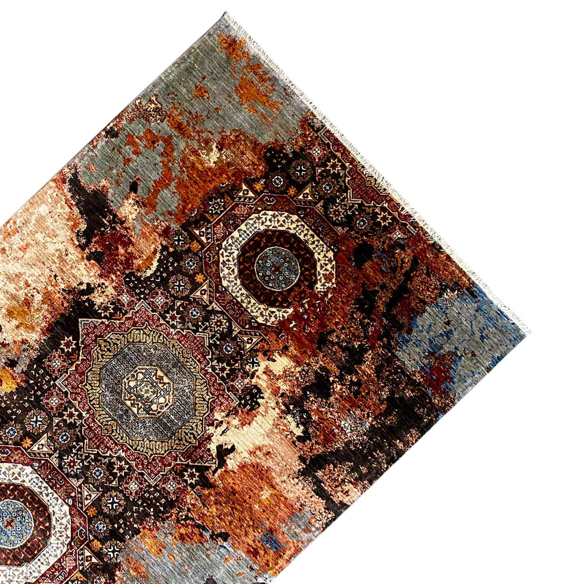 Mamluk rug corner with an ornamental medallion in brown, orange, blue and cream