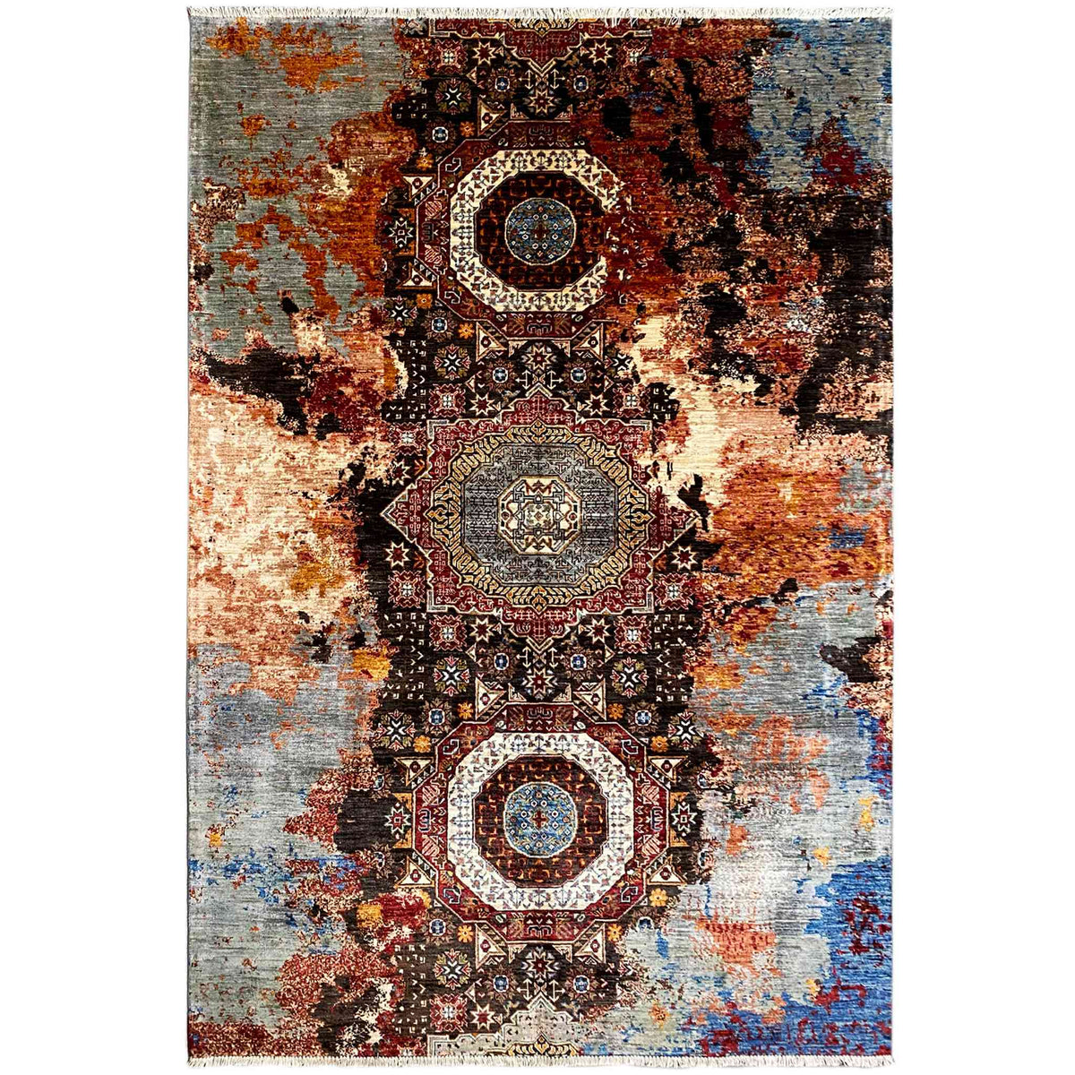 Mamluk rug with an ornamental pattern in brown, orange, blue, and cream