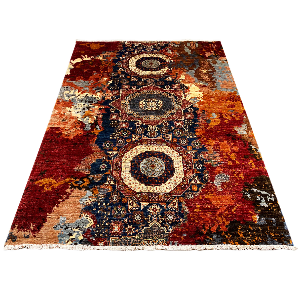 Hand-knotted Mamluk rug, a seemingly trapezoidal view with a red and blue ornamental field.