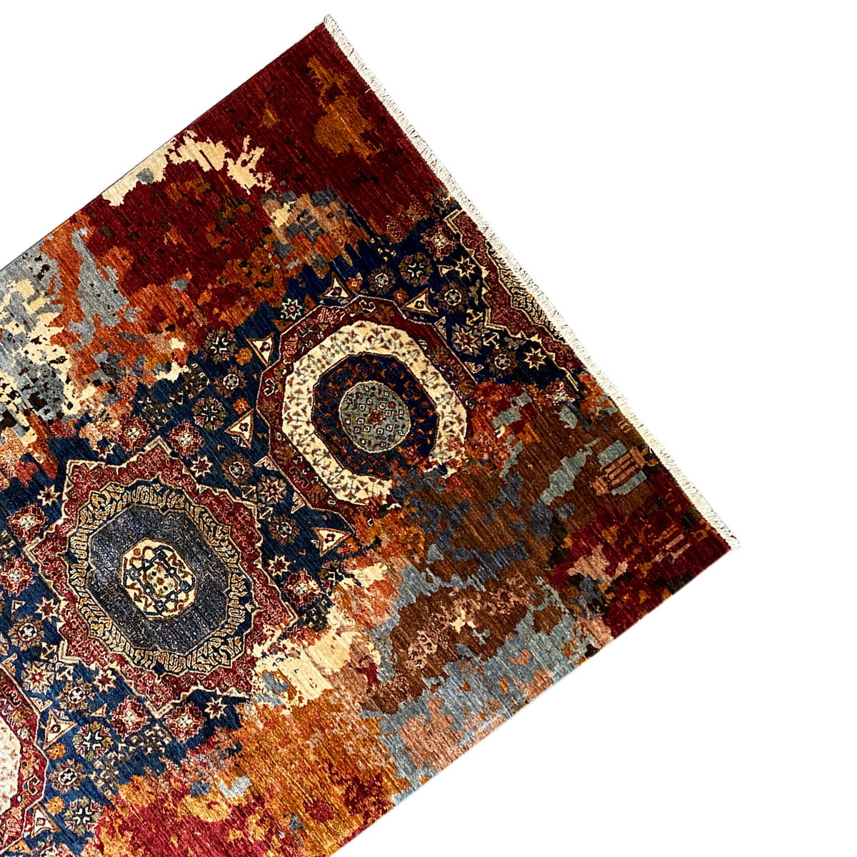 Hand-knotted Mamluk carpet border with an ornamental medallion and suggested fringe.