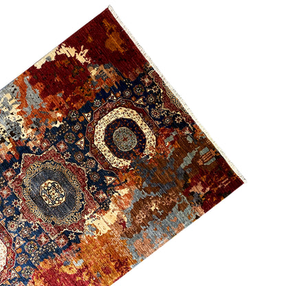 Hand-knotted Mamluk carpet border with an ornamental medallion and suggested fringe.