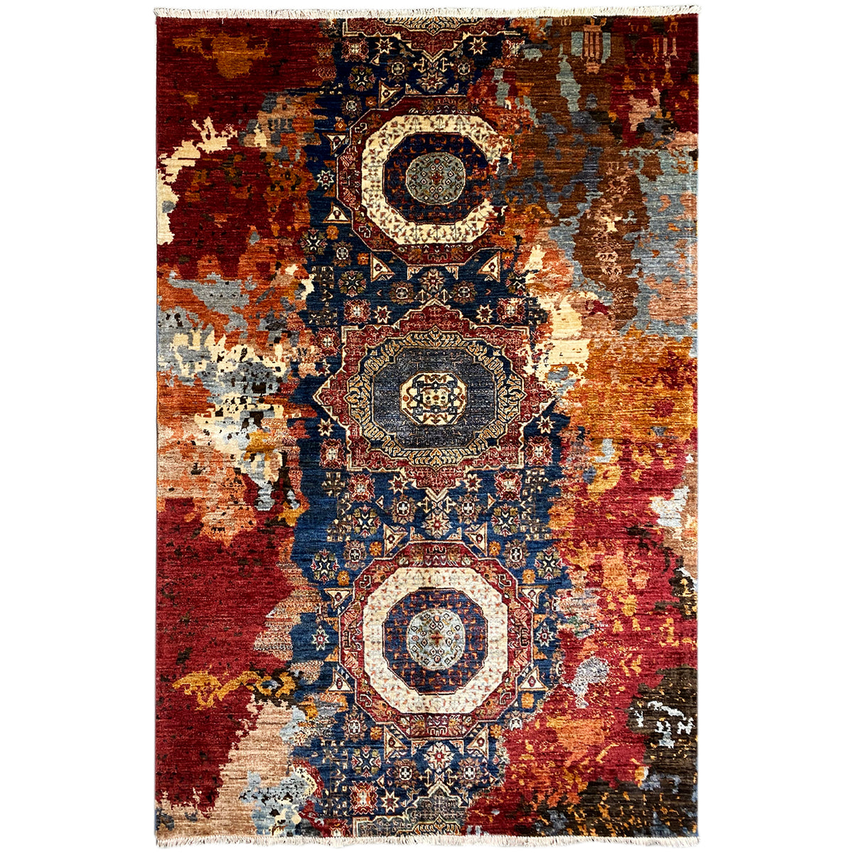 Hand-knotted Mamluk rug with an abstract ornamental pattern in red, blue, and beige, rectangular.