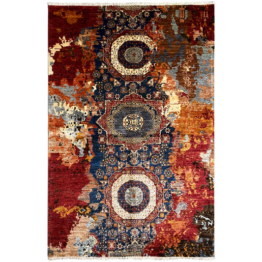 Hand-knotted Mamluk rug with an abstract ornamental pattern in red, blue, and beige, rectangular.