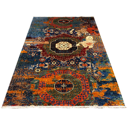 Hand-knotted Mamluk rug in blue, orange and red with a central medallion, flat