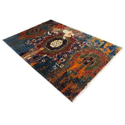 Hand-knotted Mamluk rug with a square perspective, blue, orange, red, and gold tones