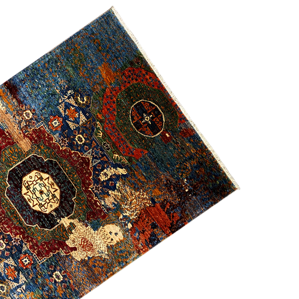 Hand-knotted Mamluk rug shown from the side, pattern with round medallions and ornaments