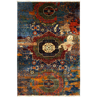 Hand-knotted Mamluk rug with a geometric pattern in blue, orange, and red, centered