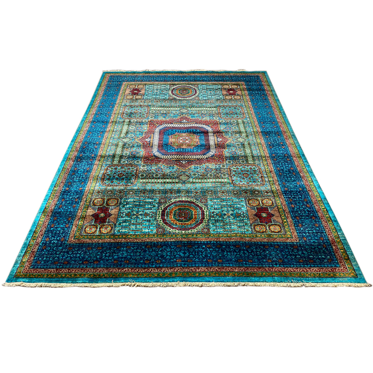 Mamluk rug, hand-knotted, flat pattern with a border and ornamental design in blue/turquoise