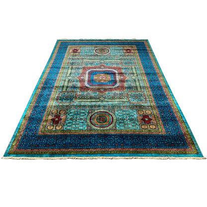 Mamluk rug, hand-knotted, flat pattern with a border and ornamental design in blue/turquoise