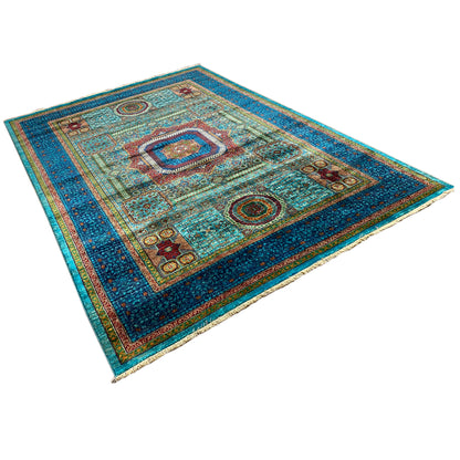 Mamluk rug, hand-knotted, diagonal view with a medallion and colorful ornaments