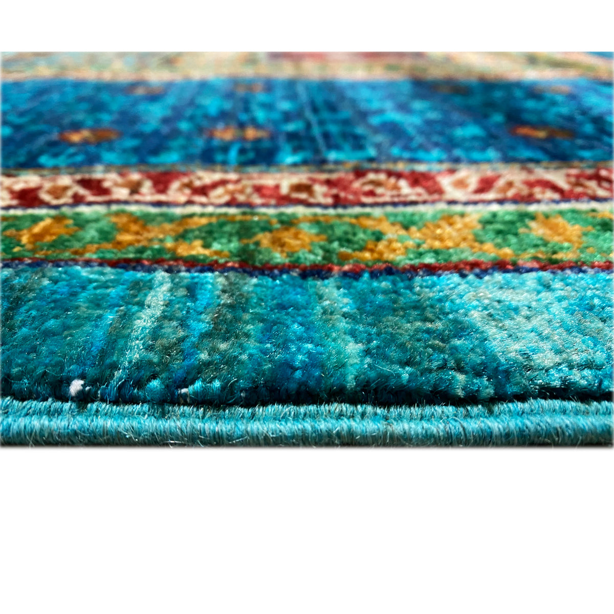 Mamluk rug, hand-knotted, detail of the pile height at the edge in blue with colorful stripes