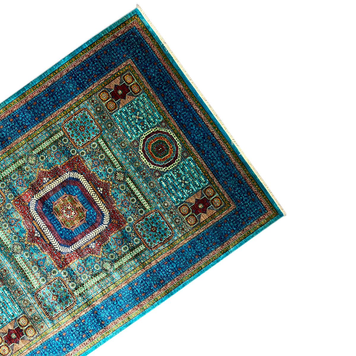 Mamluk rug, hand-knotted, diagonal view with a central frame and corner ornaments
