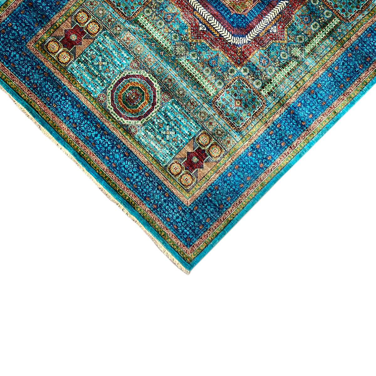 Mamluk rug, hand-knotted, corner detail with border in blue/turquoise and multicolored pattern