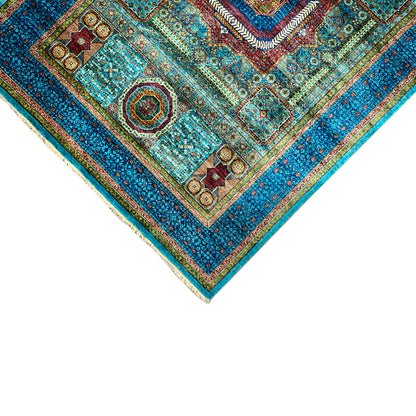 Mamluk rug, hand-knotted, corner detail with border in blue/turquoise and multicolored pattern