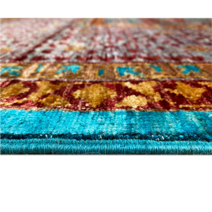 Hand-knotted rug, detail of the selvage with dense pile in turquoise and burgundy