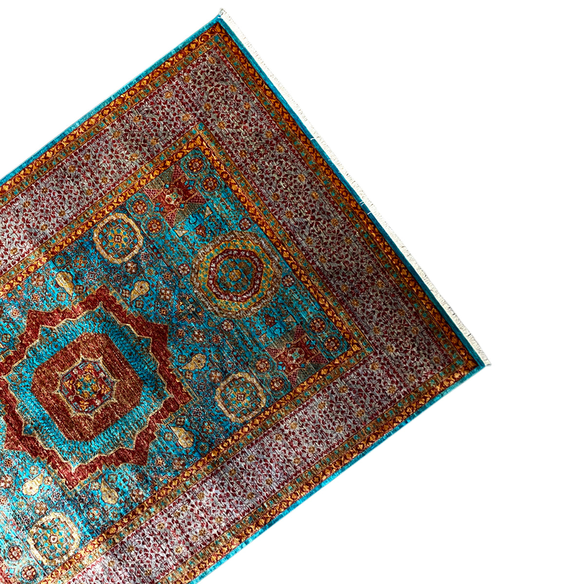Hand-knotted rug, corner detail with framed border and central medallion