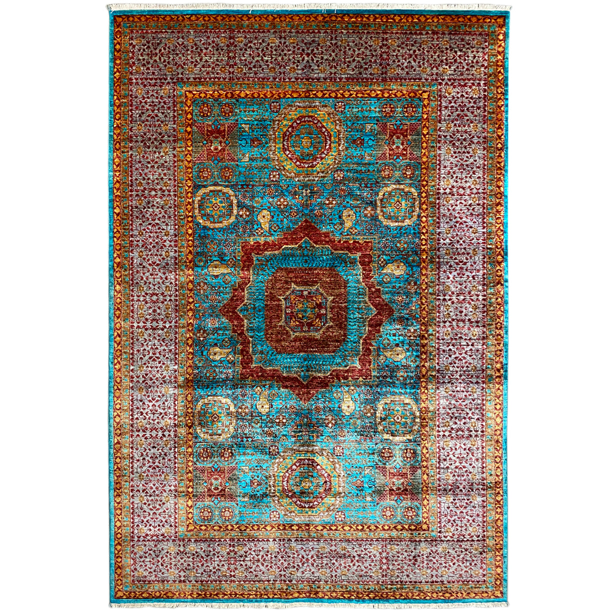 Hand-knotted Mamluk rug with a blue-brown medallion pattern and border