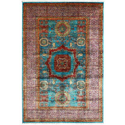 Hand-knotted Mamluk rug with a blue-brown medallion pattern and border