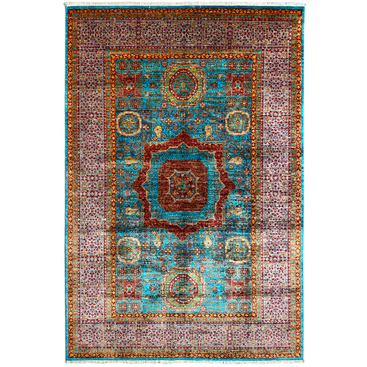 Hand-knotted Mamluk rug with a blue-brown medallion pattern and border