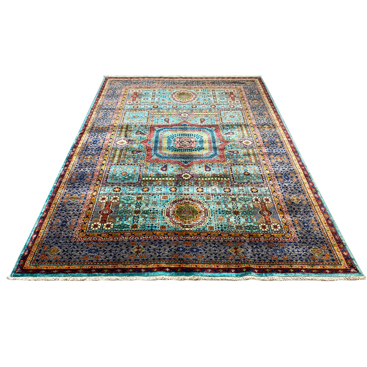 Rectangular Mamluk rug, turquoise and dark, with wide decorative borders and medallions
