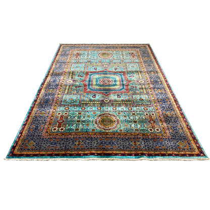 Rectangular Mamluk rug, turquoise and dark, with wide decorative borders and medallions