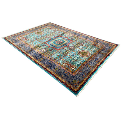 Mamluk rug at a three-quarter angle, turquoise-green, dark gray, with a frame border