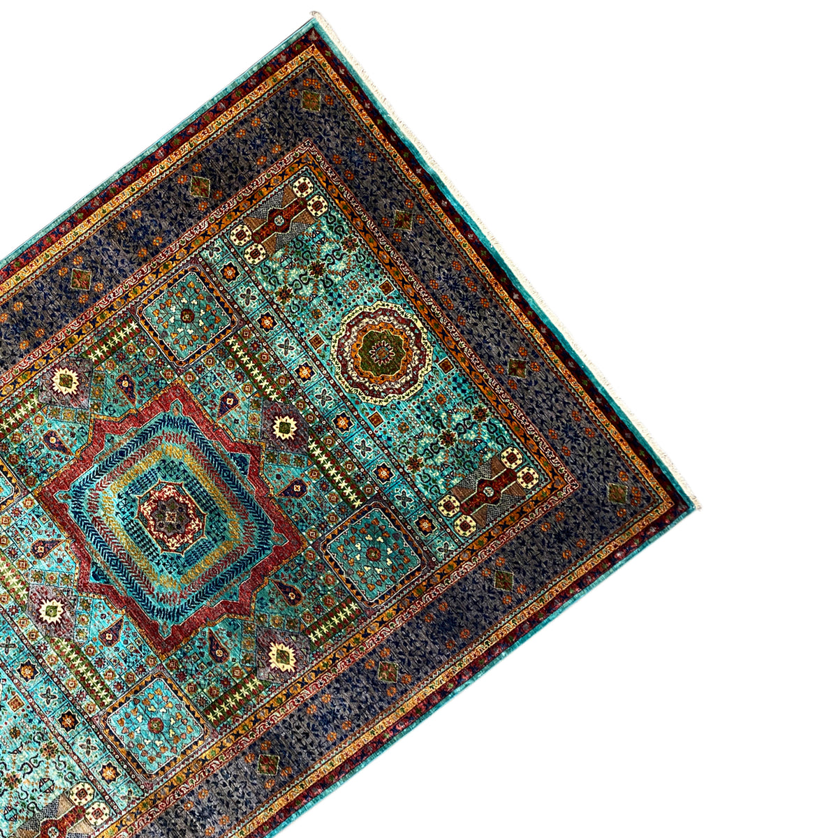 Mamluk rug from an oblique perspective, dark gray background with turquoise patterns