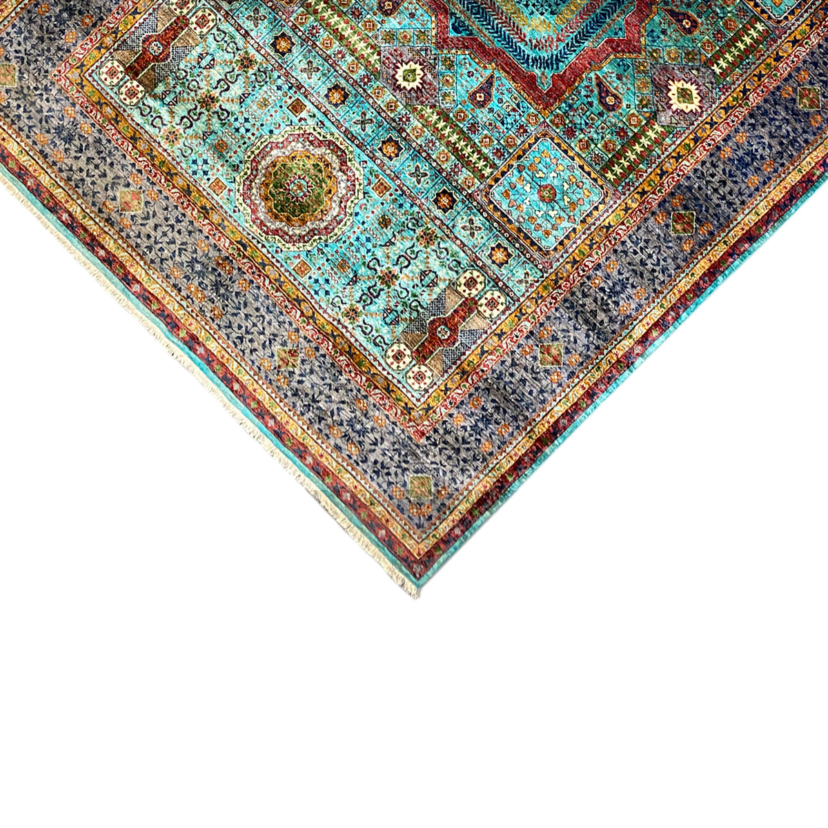 Corner of the Mamluk carpet in detail: border with ornaments, accented in turquoise and red