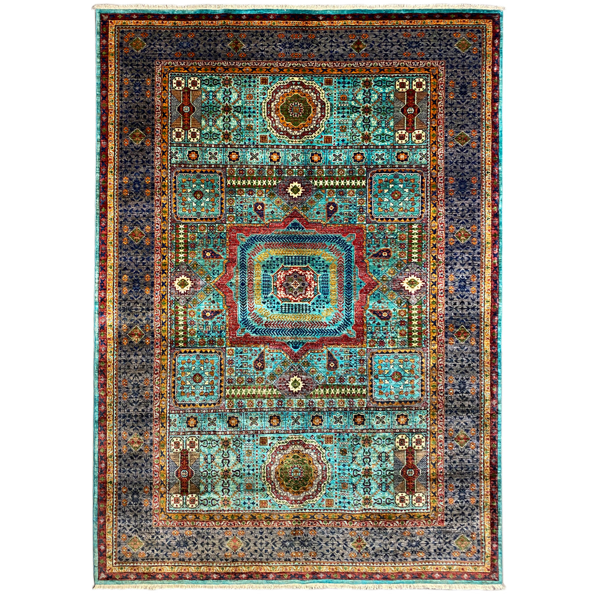 Hand-knotted Mamluk rug with central medallion, turquoise, dark gray and red, floral
