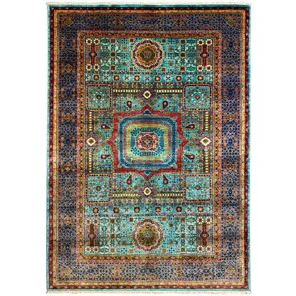Hand-knotted Mamluk rug with central medallion, turquoise, dark gray and red, floral