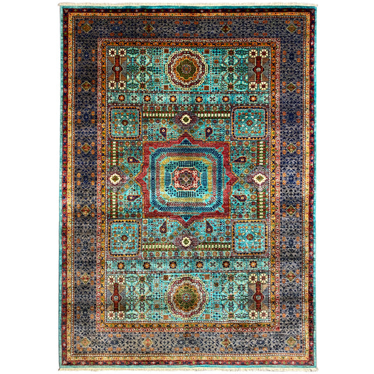 Hand-knotted Mamluk rug with central medallion, turquoise, dark gray and red, floral
