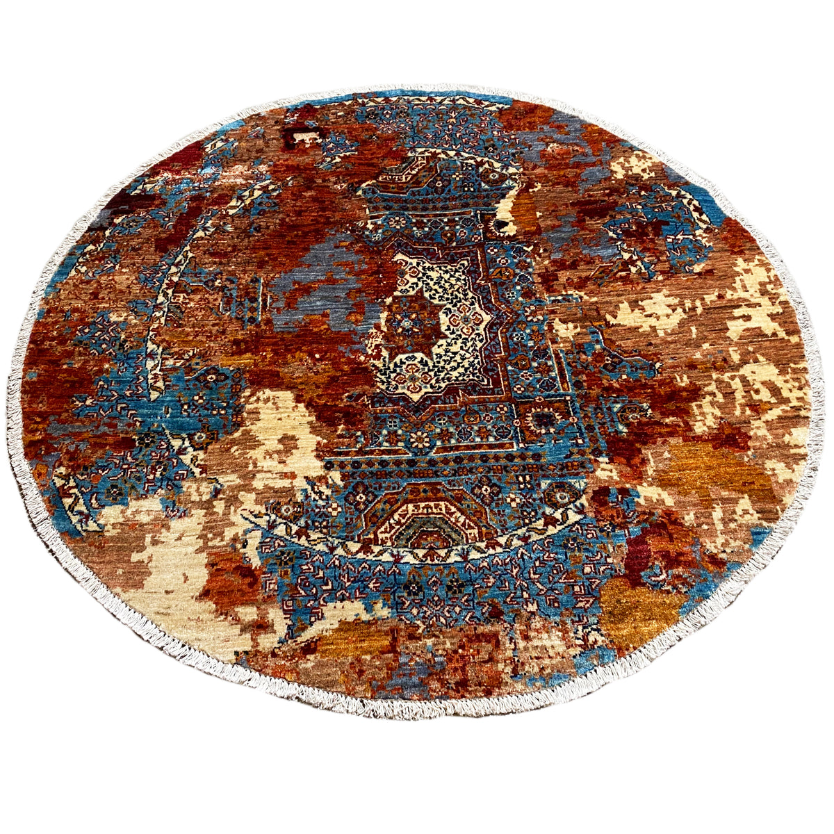 Round Mamluk rug with a border all around, pattern in rust brown, blue, and cream