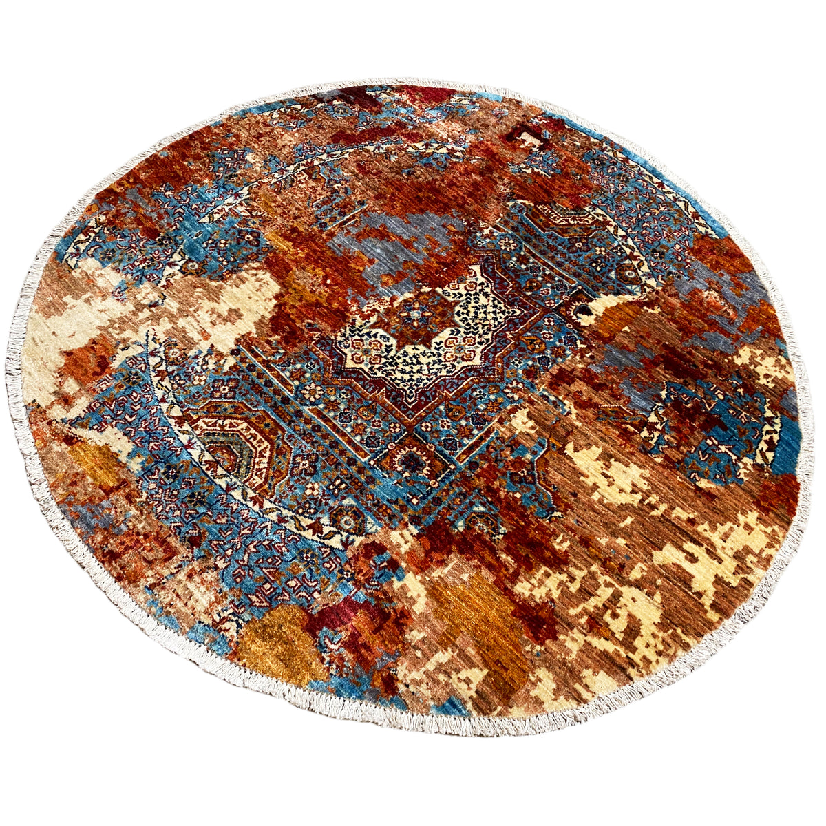 Round Mamluk rug with a medallion design, a mix of brown, blue, and beige ornaments