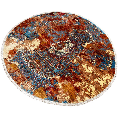 Round Mamluk rug with a medallion design, a mix of brown, blue, and beige ornaments
