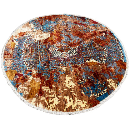 Round Mamluk rug with an asymmetrical mix of ornaments in blue, rust brown, and beige