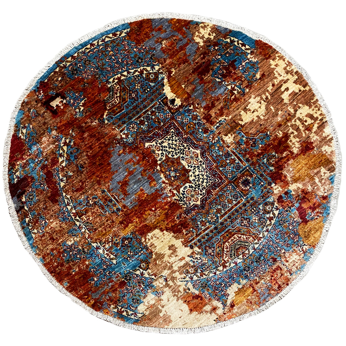 Round Mamluk rug, hand-knotted, patchwork pattern in blue, brown, and beige
