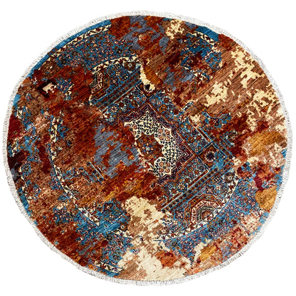 Round Mamluk rug, hand-knotted, patchwork pattern in blue, brown, and beige