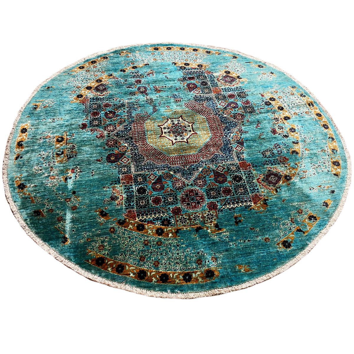 Round Mamluk rug, turquoise pile with a central star medallion and decorative border