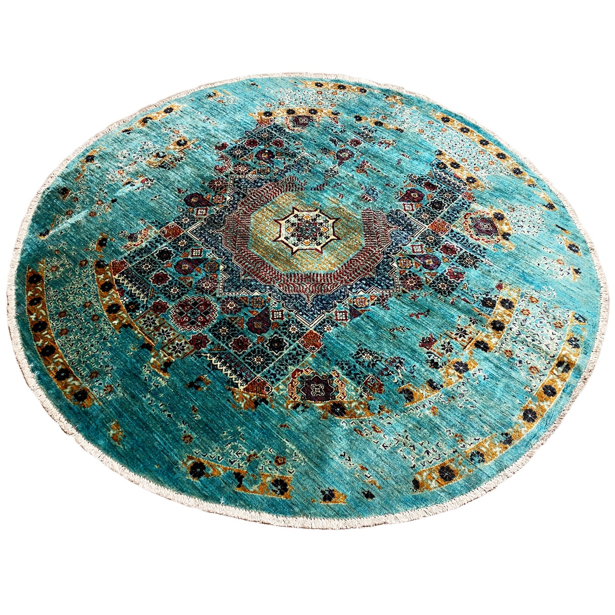 Round Mamluk rug with a turquoise background, central rosette, and colorful patterns