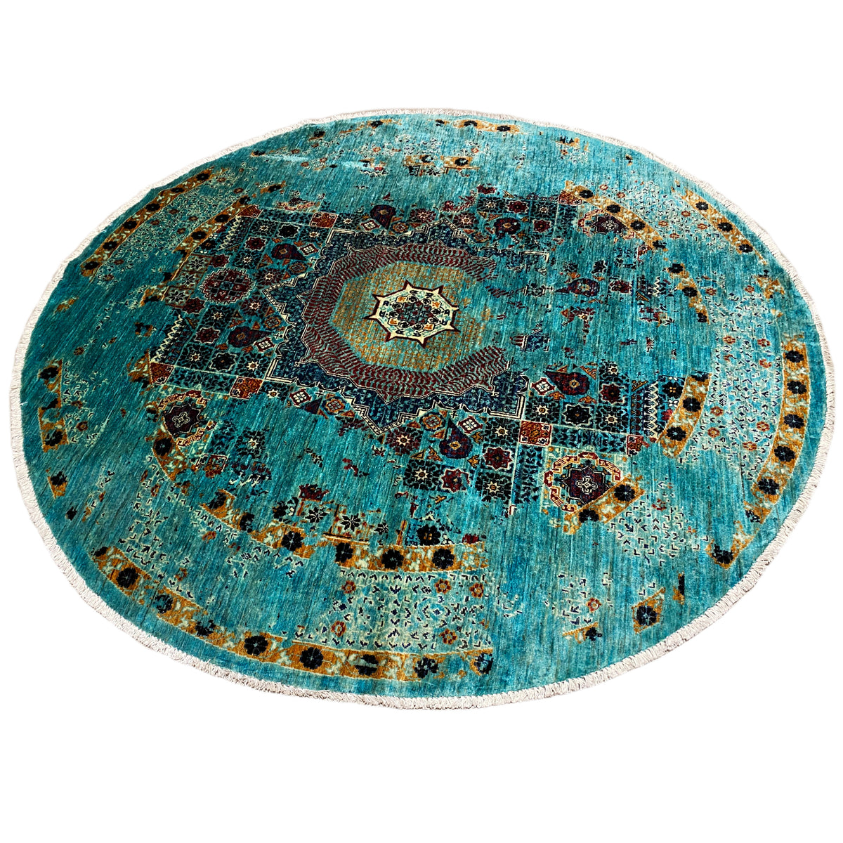 Round Mamluk rug in turquoise, large ornamental fields, light-colored outer border